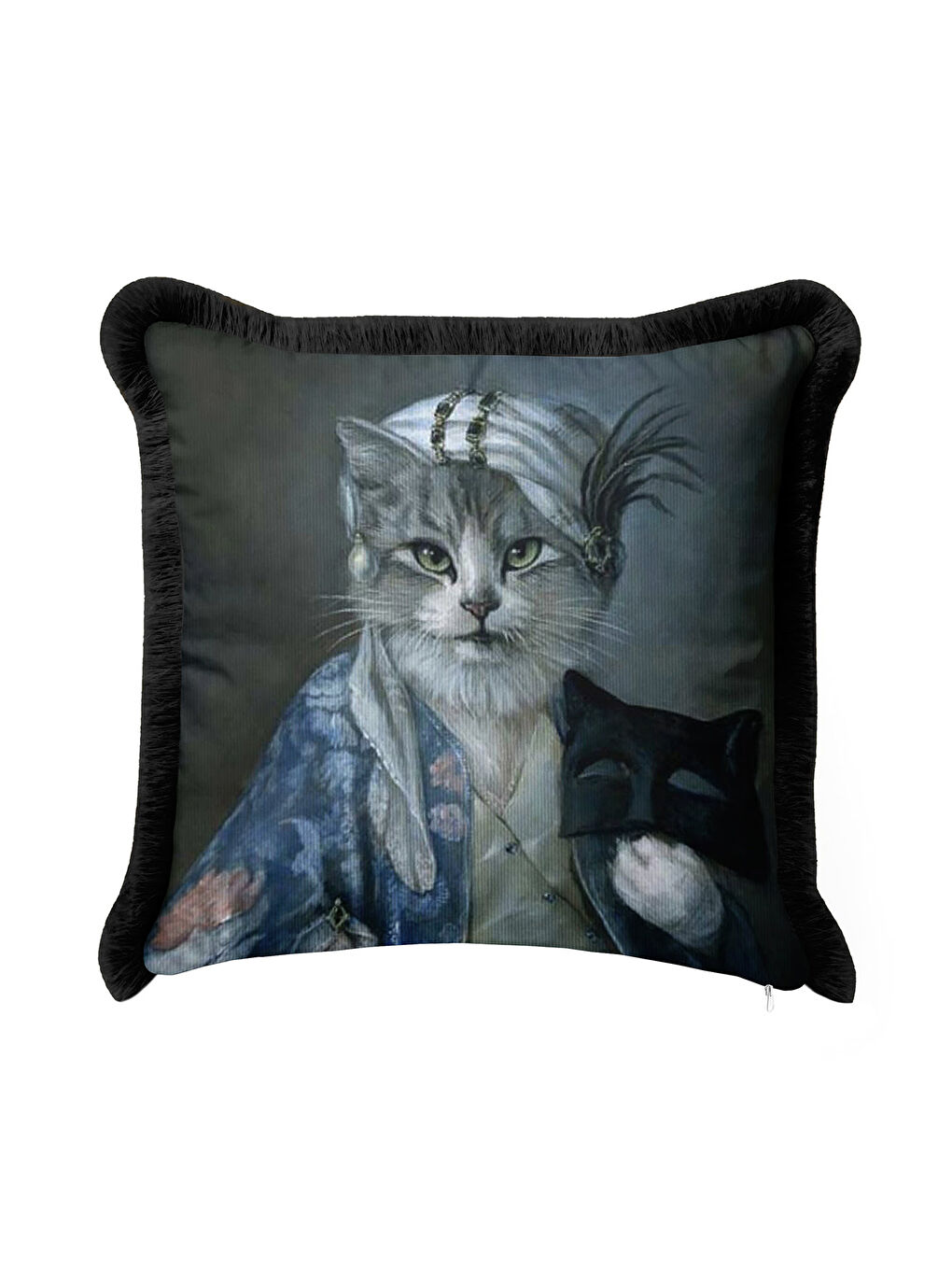 Karışık Saray Stili Saçaklı Yastık Kılıfı - Vintage Nostaljik Lacivert Siyah Püsküllü Kırlent Kılıfı-2