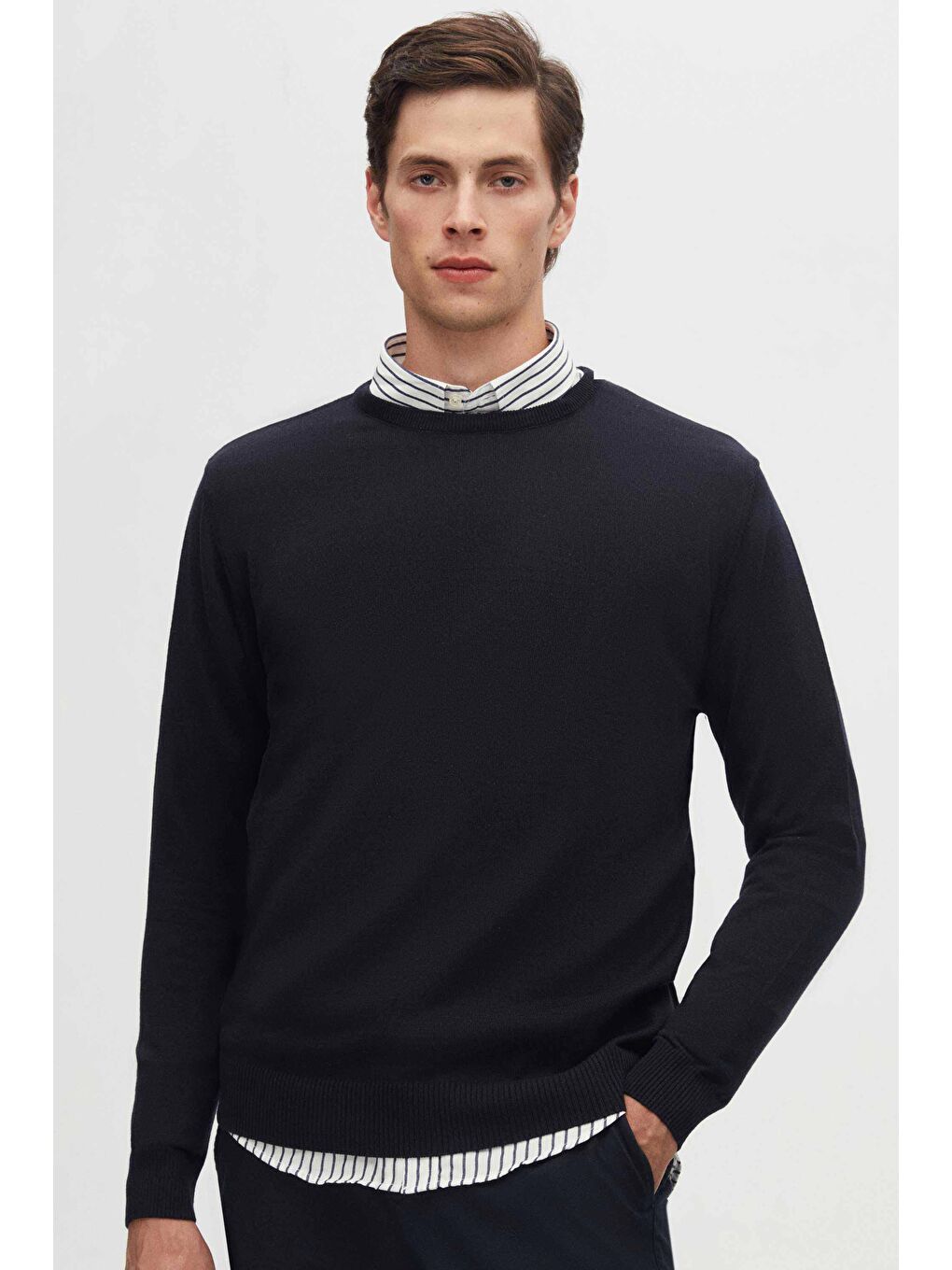 Regular Fit Lacivert Tüylenme Yapmayan Bisiklet Yaka Pamuklu Triko Kazak