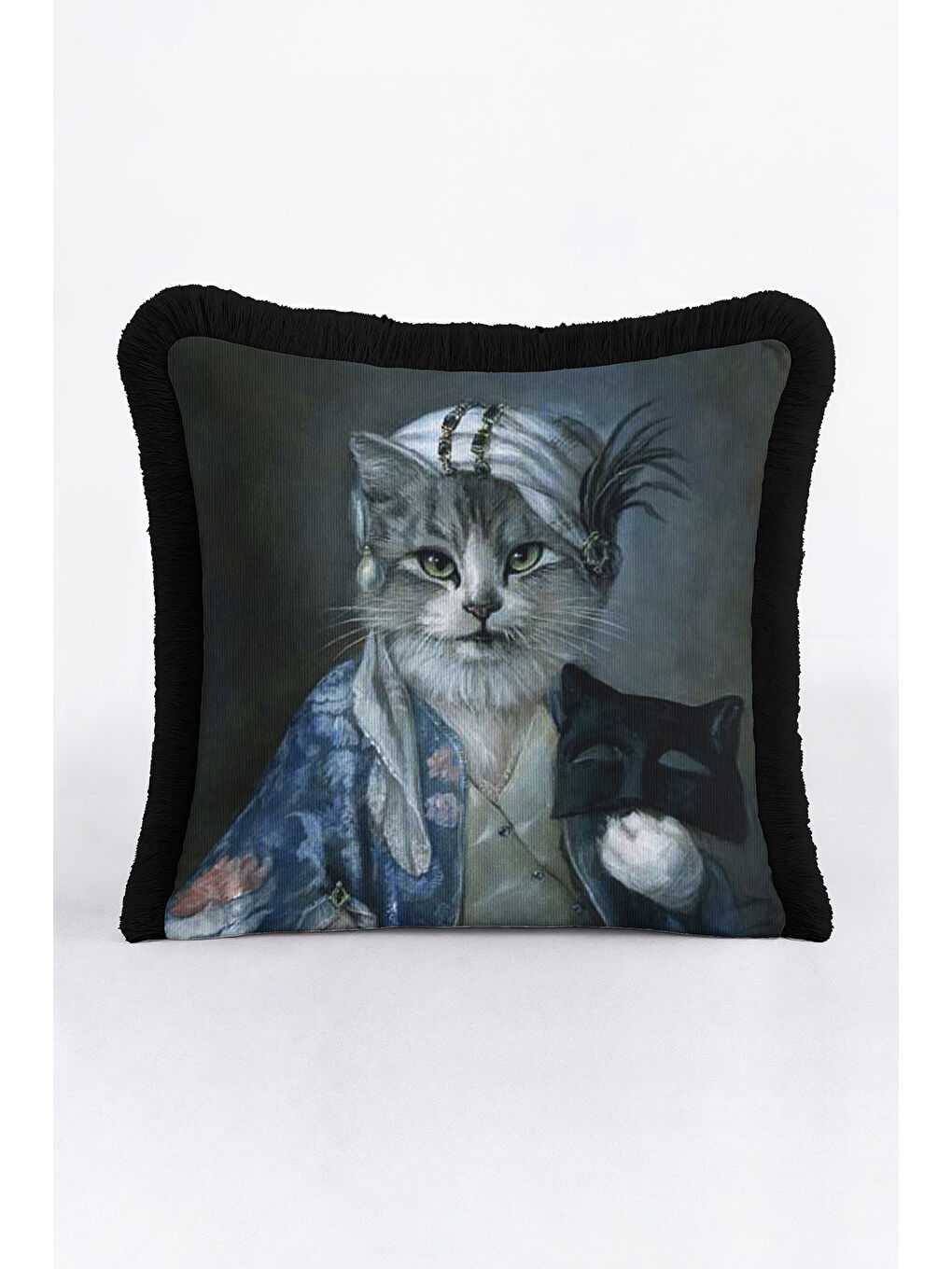 Karışık Saray Stili Saçaklı Yastık Kılıfı - Vintage Nostaljik Lacivert Siyah Püsküllü Kırlent Kılıfı-3