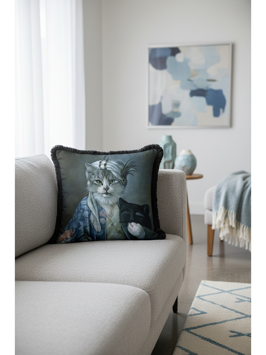 Karışık Saray Stili Saçaklı Yastık Kılıfı - Vintage Nostaljik Lacivert Siyah Püsküllü Kırlent Kılıfı-4