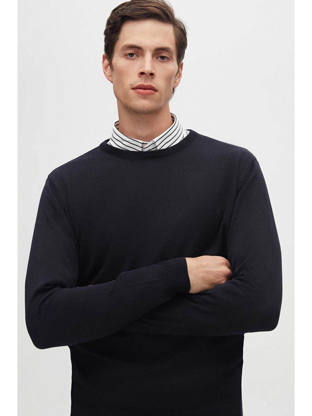 Regular Fit Lacivert Tüylenme Yapmayan Bisiklet Yaka Pamuklu Triko Kazak-1