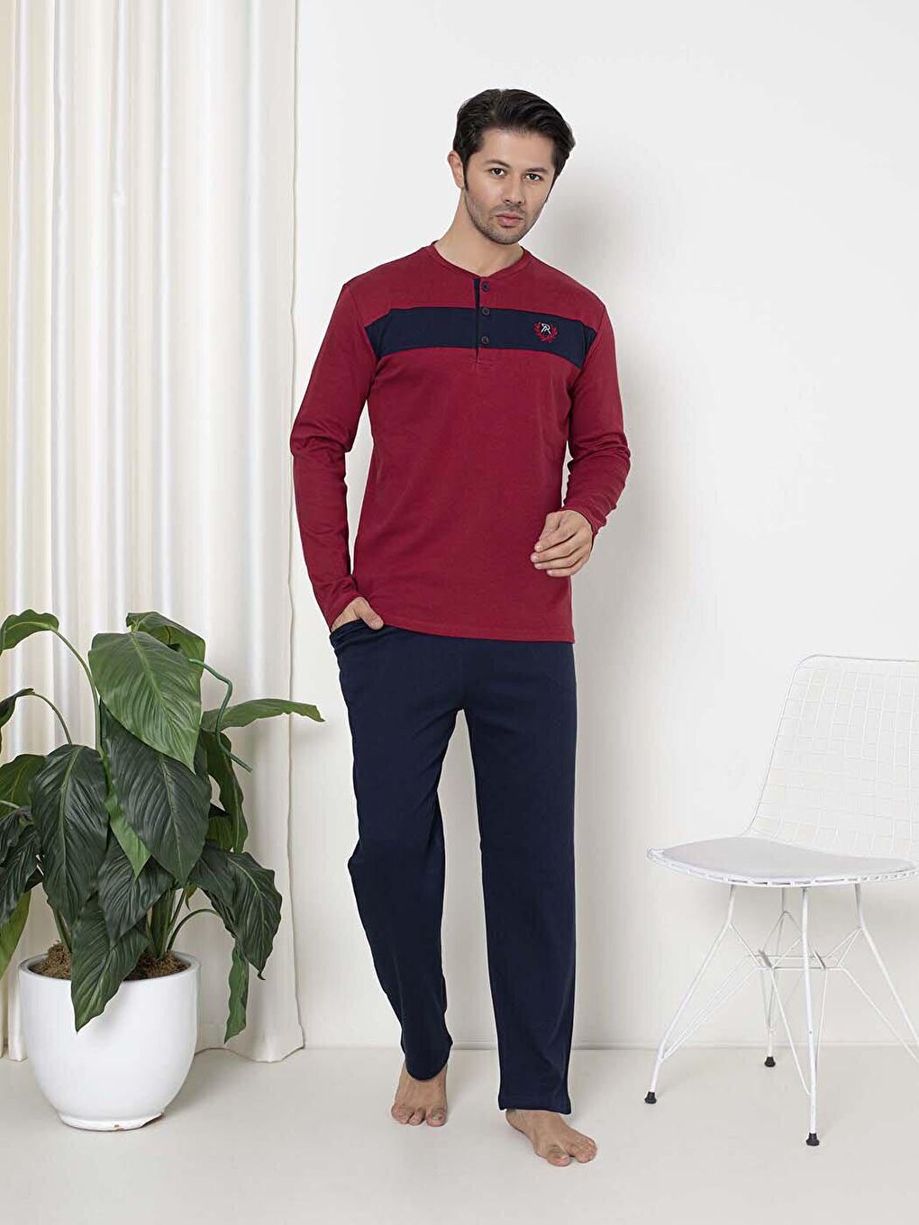 Bordo Erkek Pijama Takımı İnterlok Ön Gövde Parçalı Pamuklu Mevsimlik