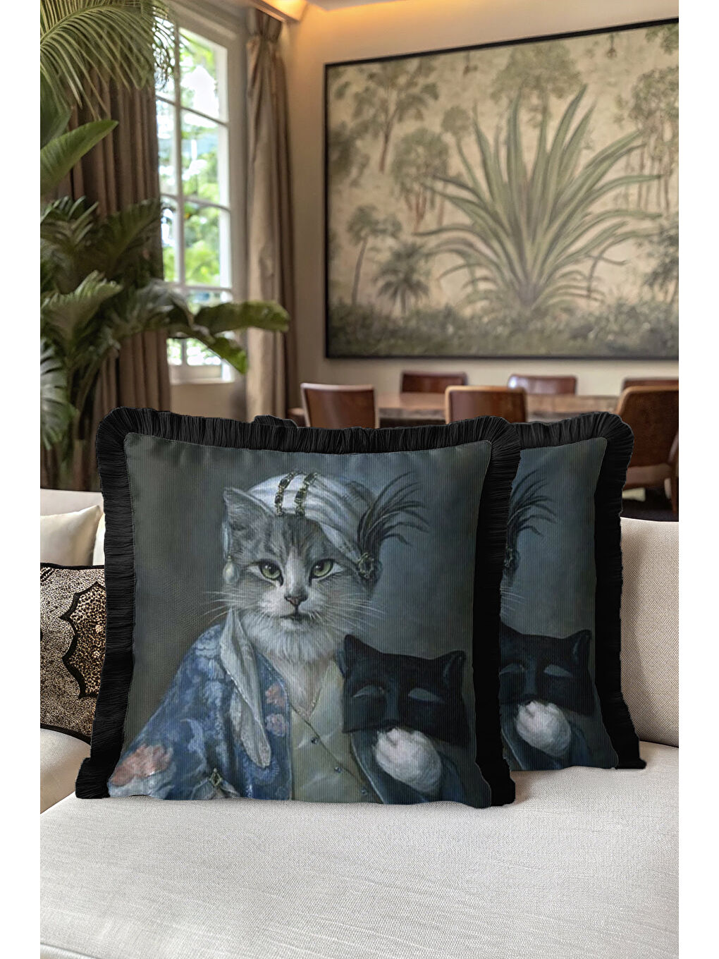 Karışık Saray Stili Saçaklı Yastık Kılıfı - Vintage Nostaljik Lacivert Siyah Püsküllü Kırlent Kılıfı-5