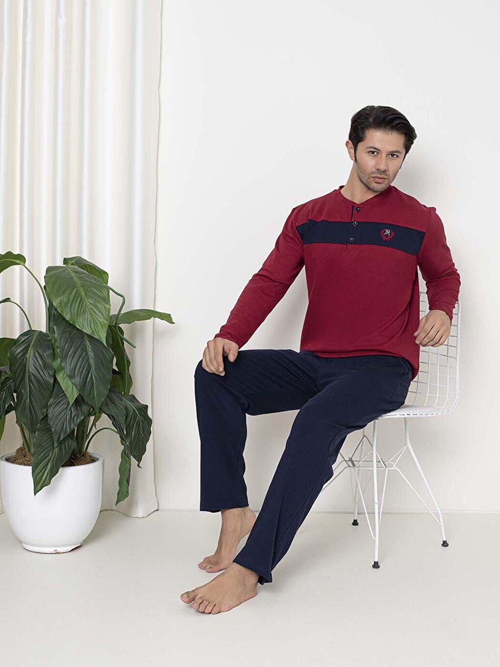 Bordo Erkek Pijama Takımı İnterlok Ön Gövde Parçalı Pamuklu Mevsimlik-1