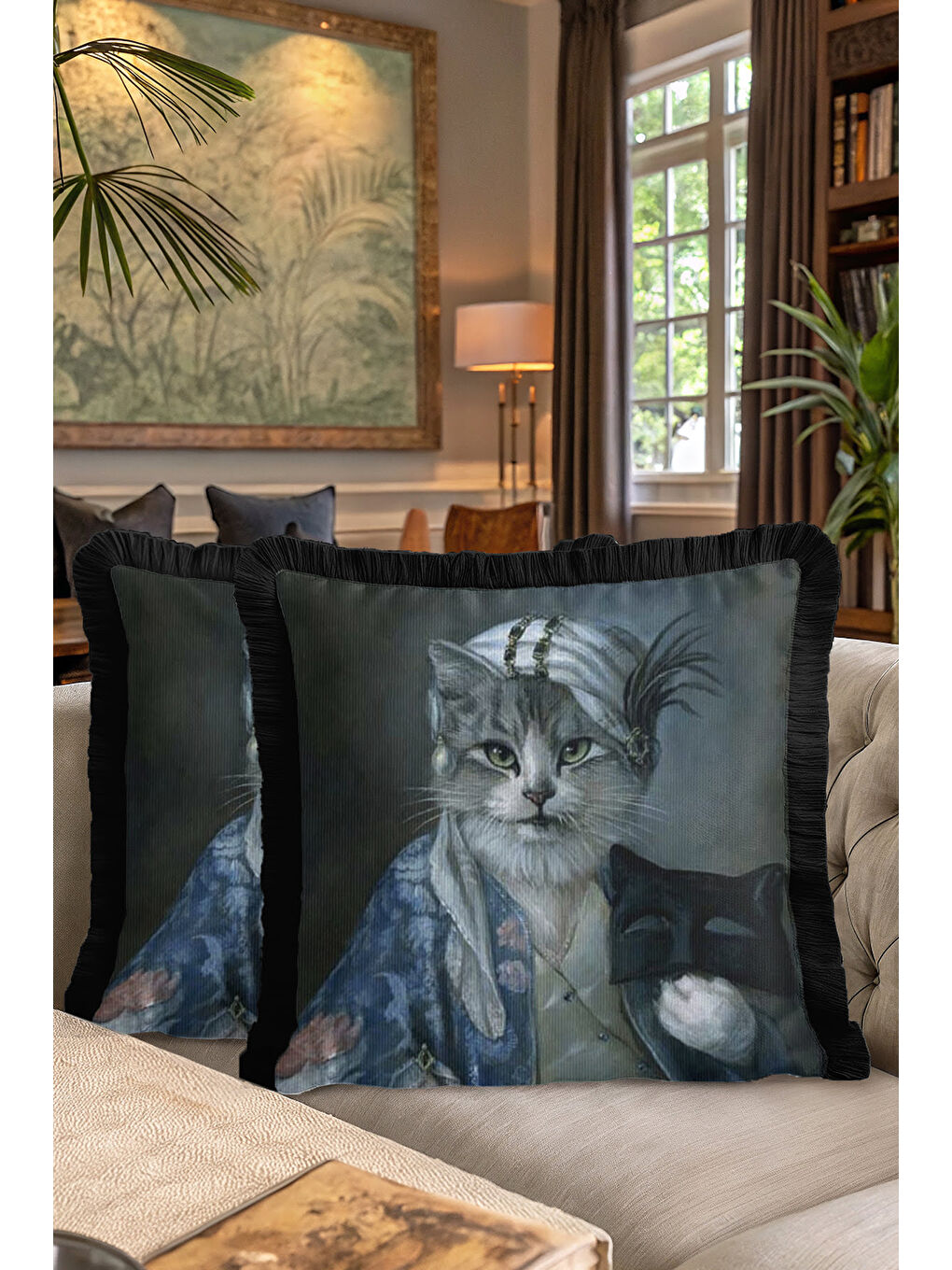 Karışık Saray Stili Saçaklı Yastık Kılıfı - Vintage Nostaljik Lacivert Siyah Püsküllü Kırlent Kılıfı-7