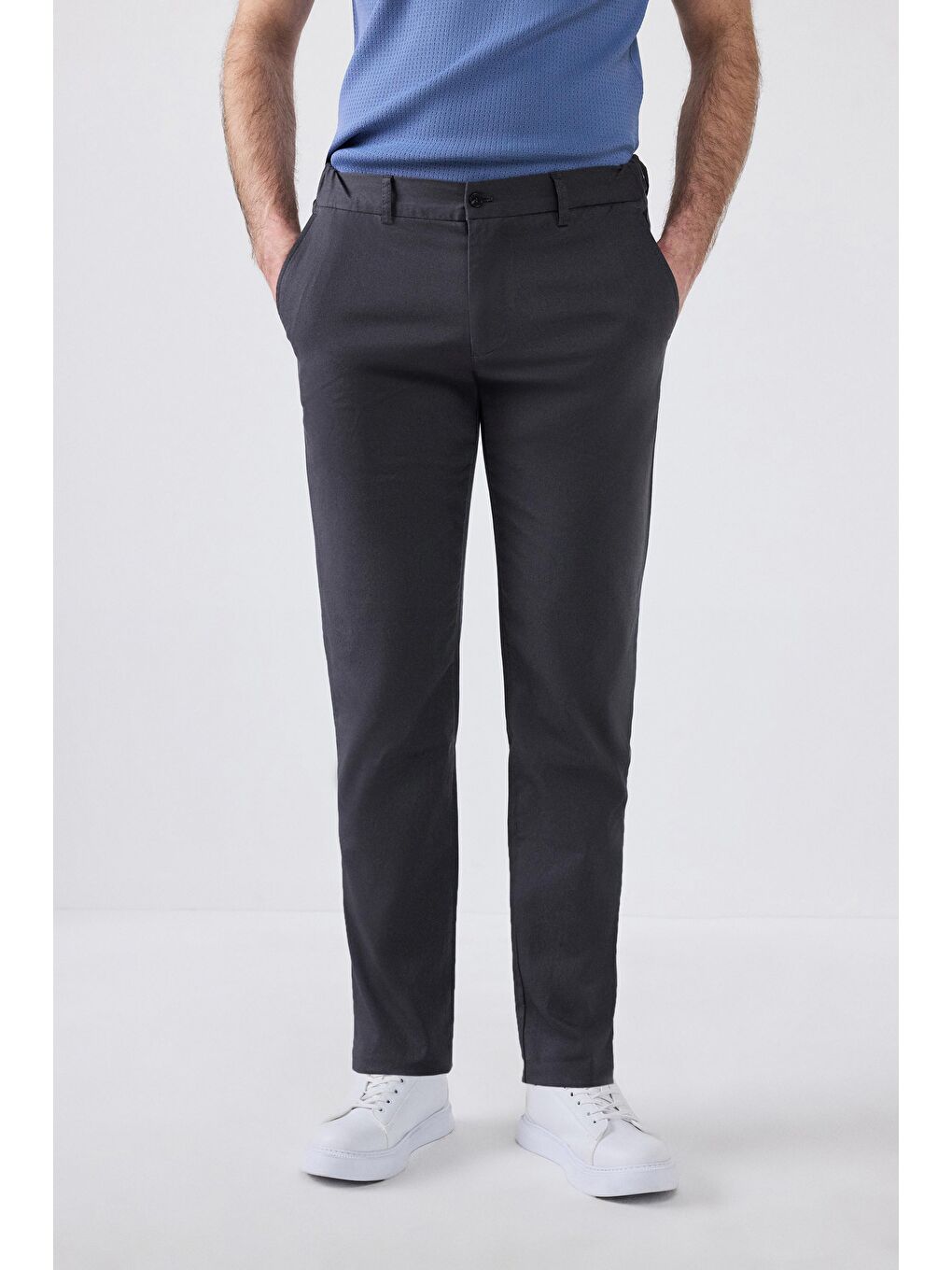 Slim Fit Antrasit Armürlü Yan Beli Lastikli Esnek Elastanlı Yandan Cepli Chino Pantolon