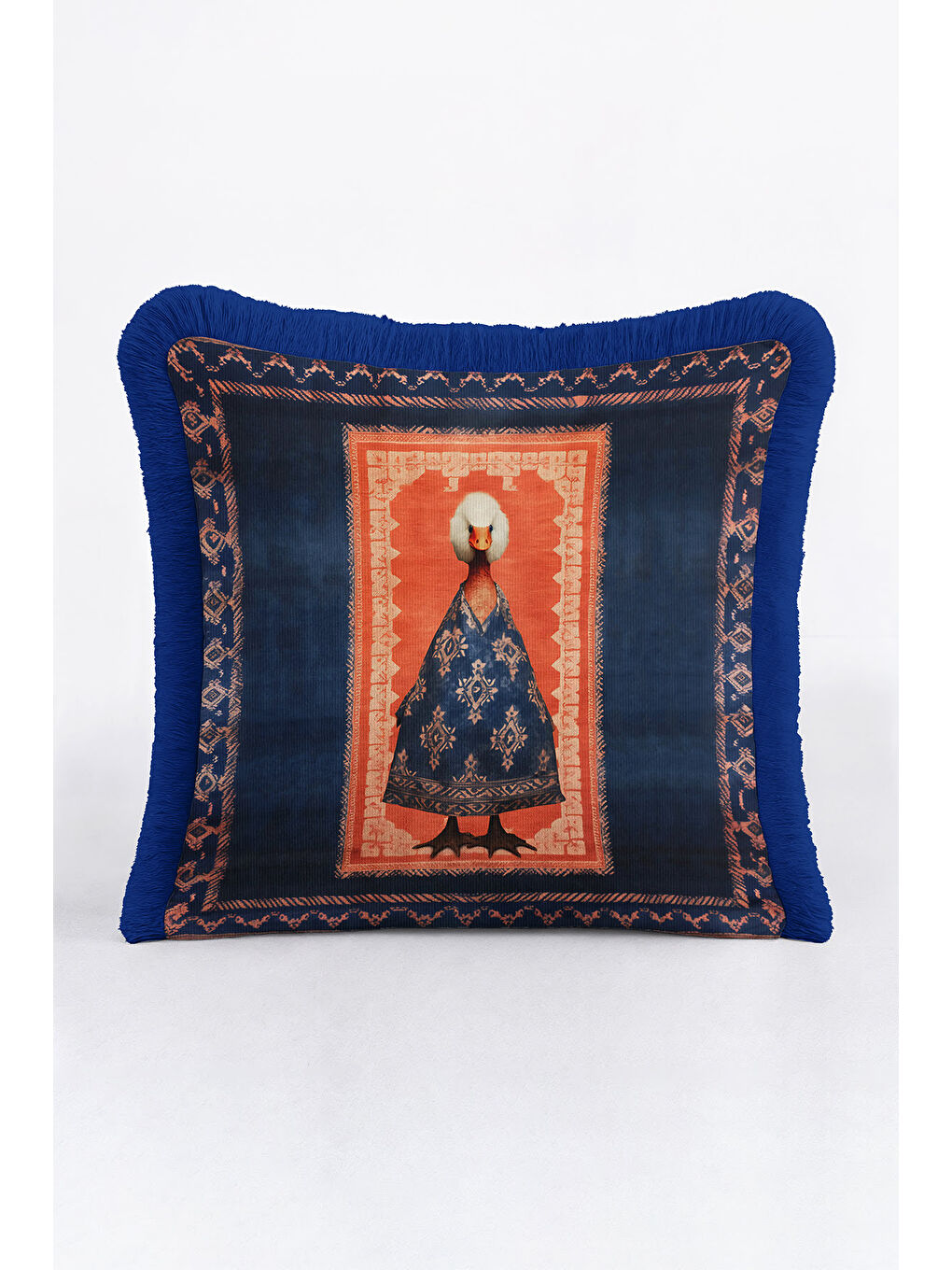 Karışık Avangart Figürlü Saçaklı Yastık Kılıfı - Sanatsal Bohem Stili Lacivert Püsküllü Kırlent Kılıfı-1
