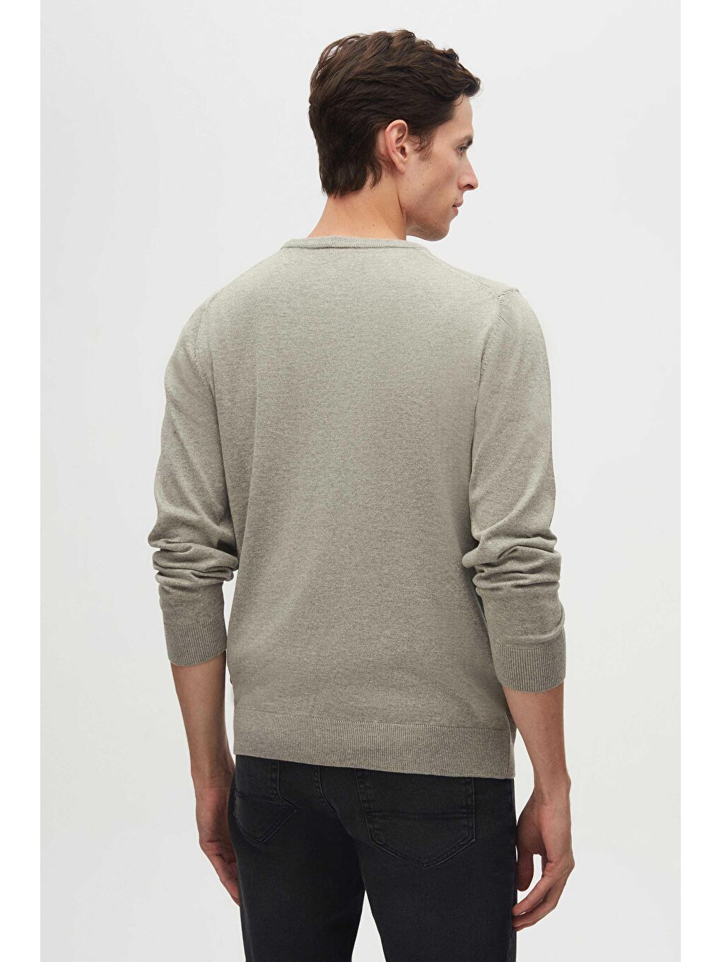 Regular Fit Gri Tüylenme Yapmayan Bisiklet Yaka Pamuklu Triko Kazak-3