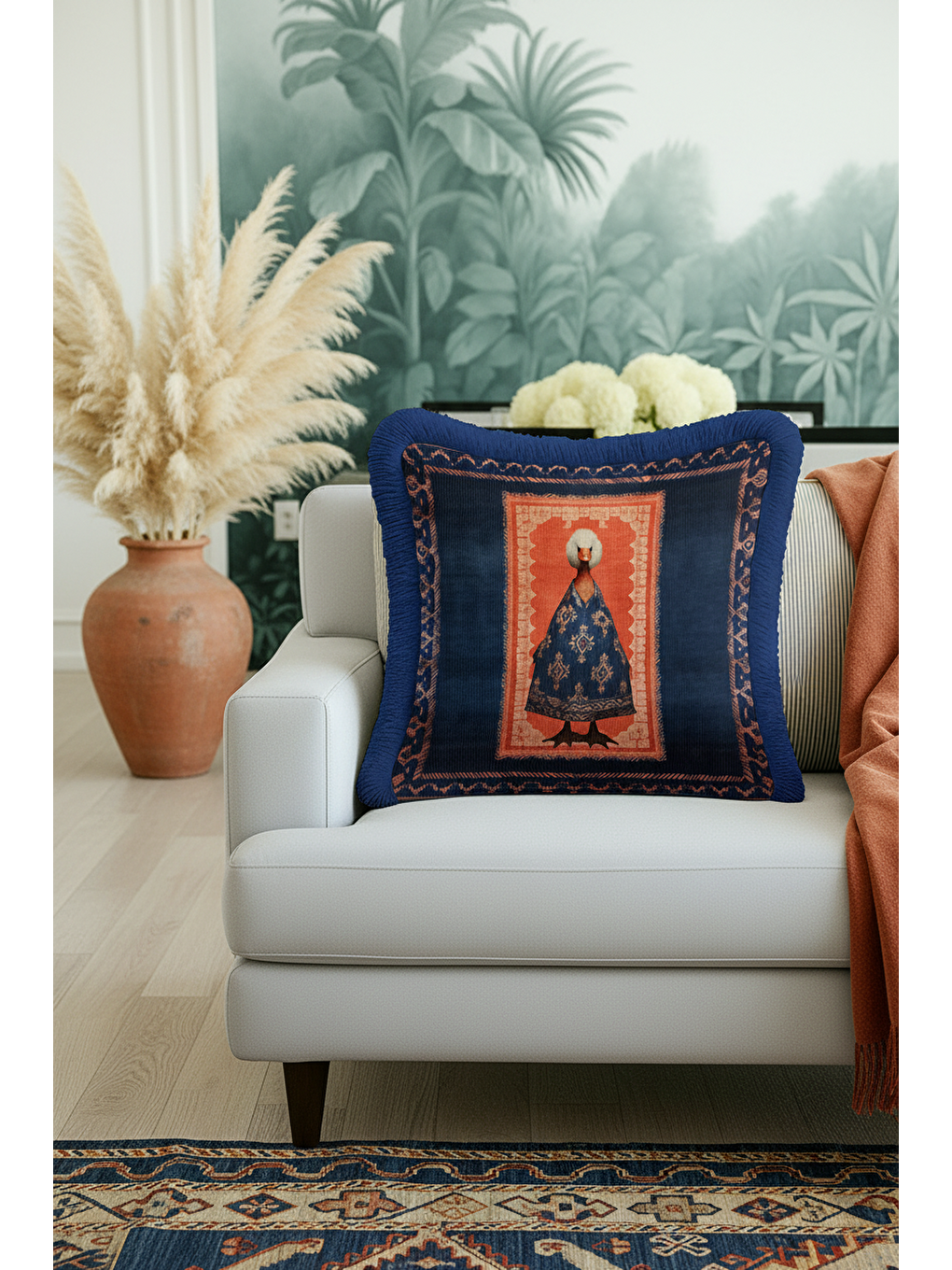 Karışık Avangart Figürlü Saçaklı Yastık Kılıfı - Sanatsal Bohem Stili Lacivert Püsküllü Kırlent Kılıfı-2