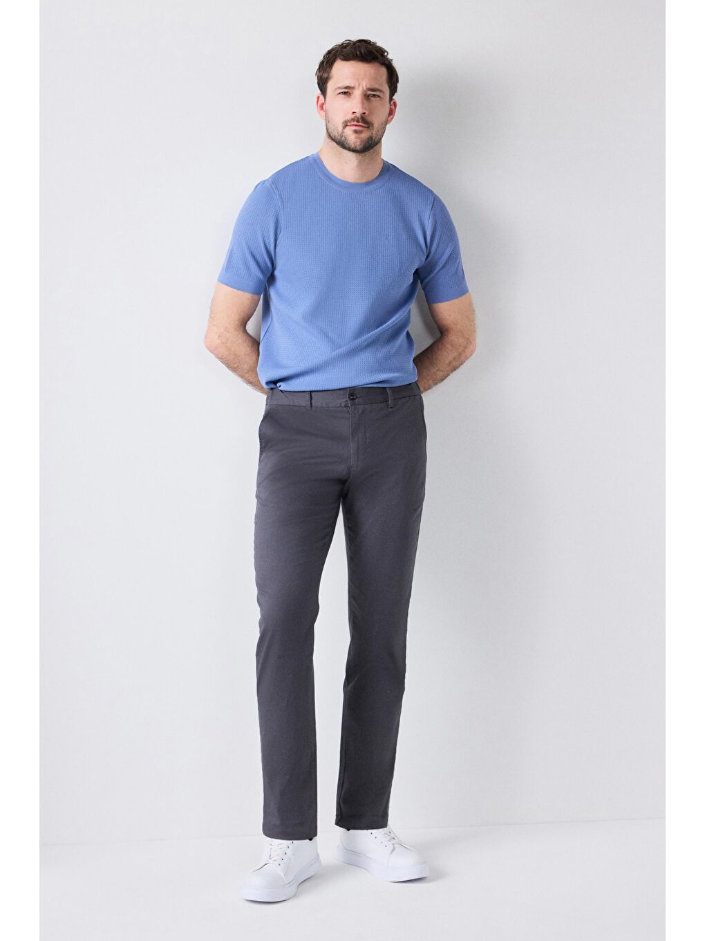 Slim Fit Antrasit Armürlü Yan Beli Lastikli Esnek Elastanlı Yandan Cepli Chino Pantolon-2