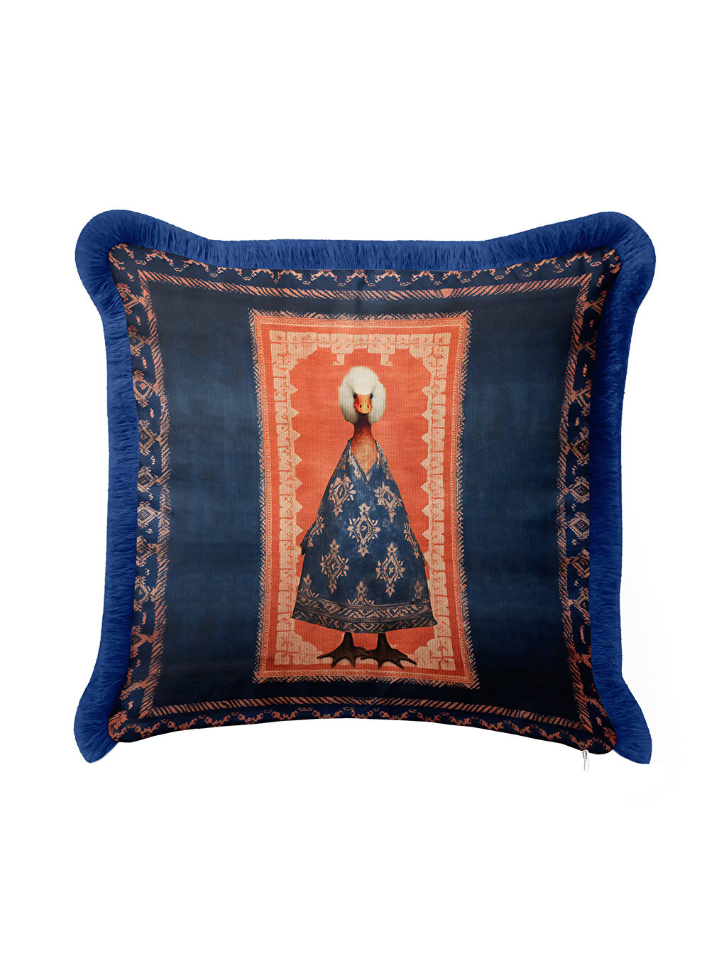 Karışık Avangart Figürlü Saçaklı Yastık Kılıfı - Sanatsal Bohem Stili Lacivert Püsküllü Kırlent Kılıfı-3