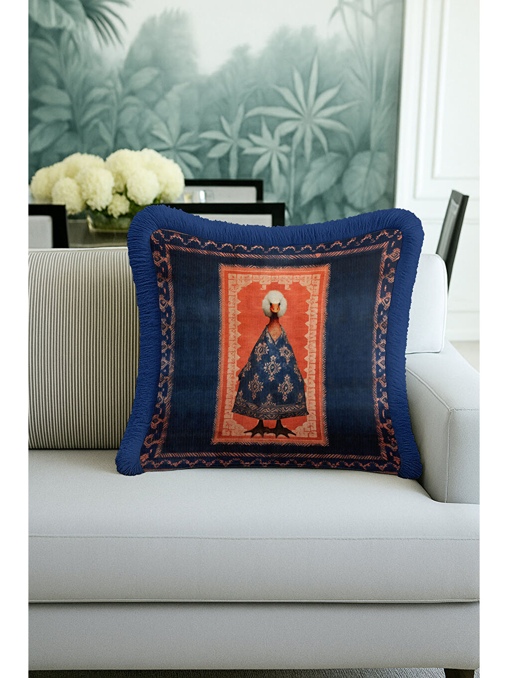 Karışık Avangart Figürlü Saçaklı Yastık Kılıfı - Sanatsal Bohem Stili Lacivert Püsküllü Kırlent Kılıfı-4