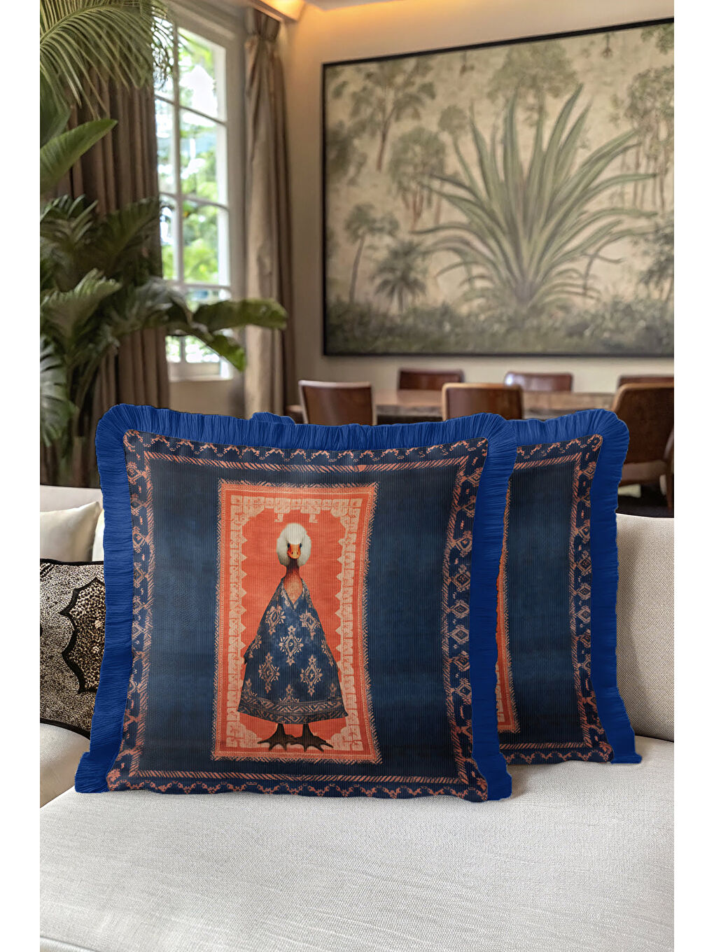 Karışık Avangart Figürlü Saçaklı Yastık Kılıfı - Sanatsal Bohem Stili Lacivert Püsküllü Kırlent Kılıfı-5