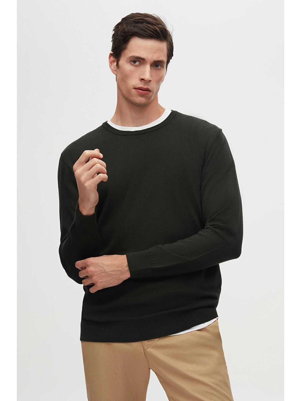 Regular Fit Haki Tüylenme Yapmayan Bisiklet Yaka Triko Kazak-1