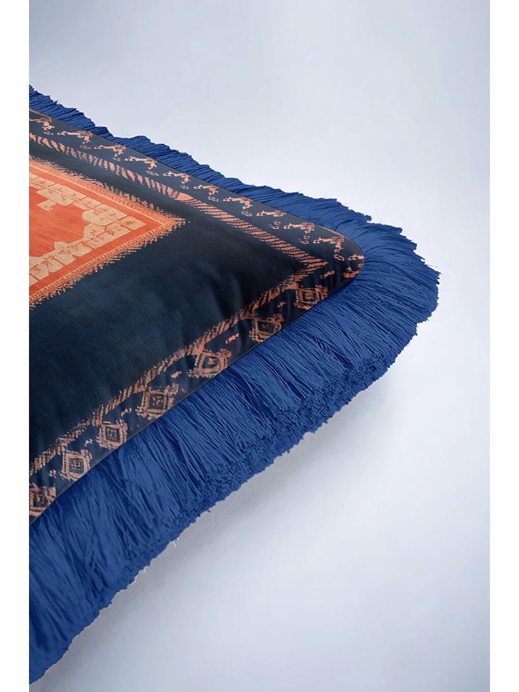 Karışık Avangart Figürlü Saçaklı Yastık Kılıfı - Sanatsal Bohem Stili Lacivert Püsküllü Kırlent Kılıfı-6