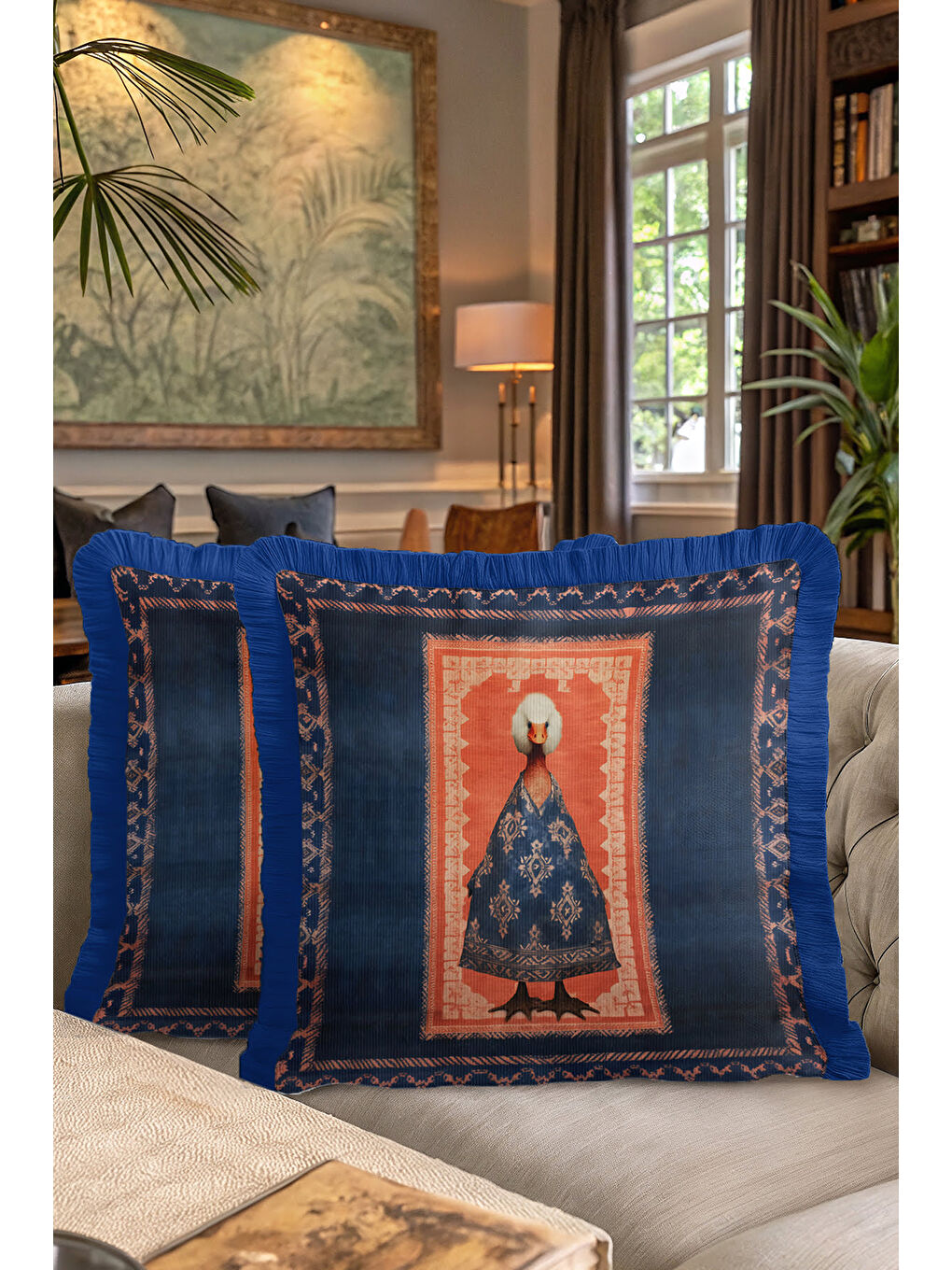 Karışık Avangart Figürlü Saçaklı Yastık Kılıfı - Sanatsal Bohem Stili Lacivert Püsküllü Kırlent Kılıfı-7