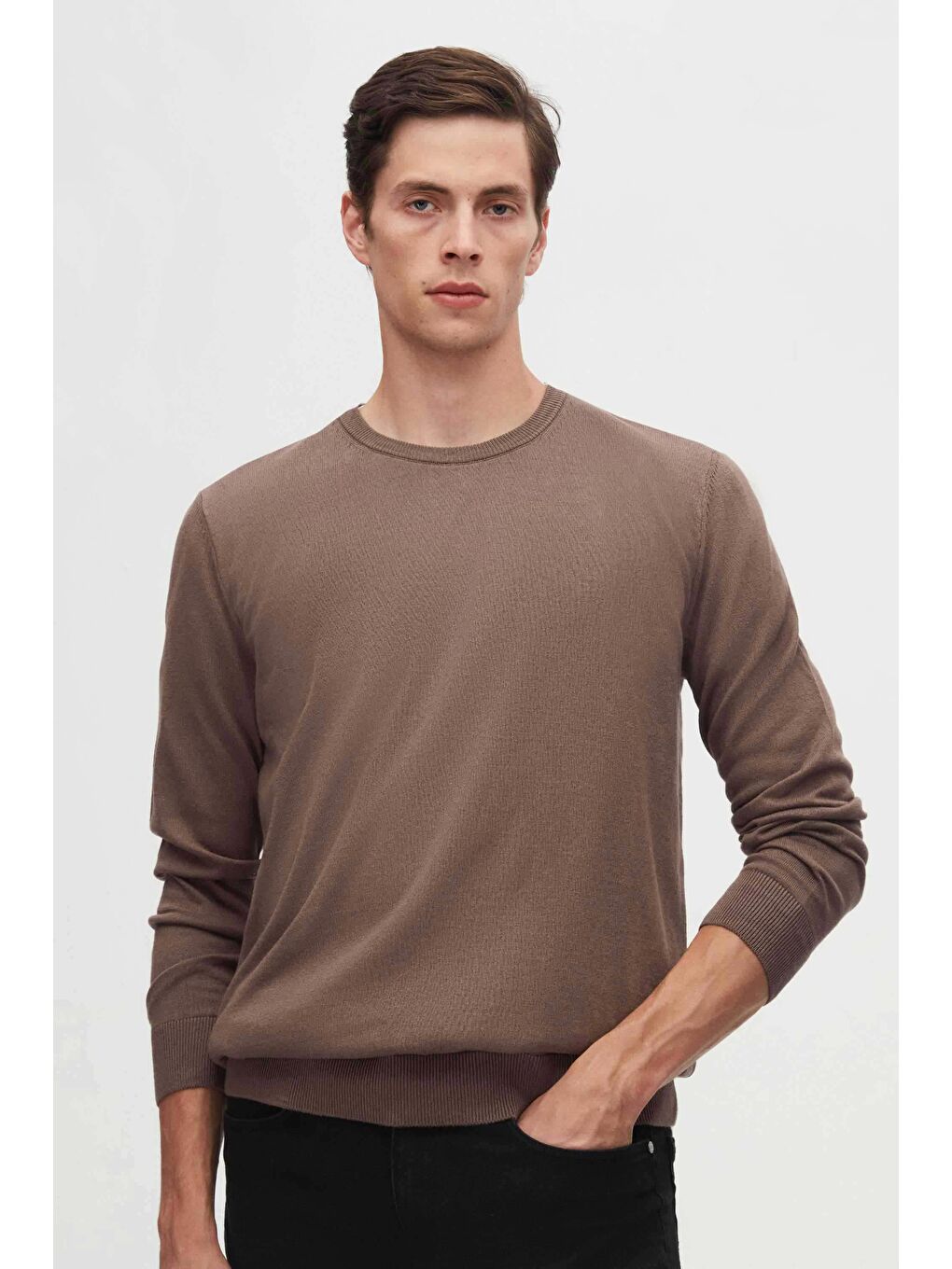 Bej Regular Fit Vizon Tüylenme Yapmayan Bisiklet Yaka Pamuklu Triko Kazak