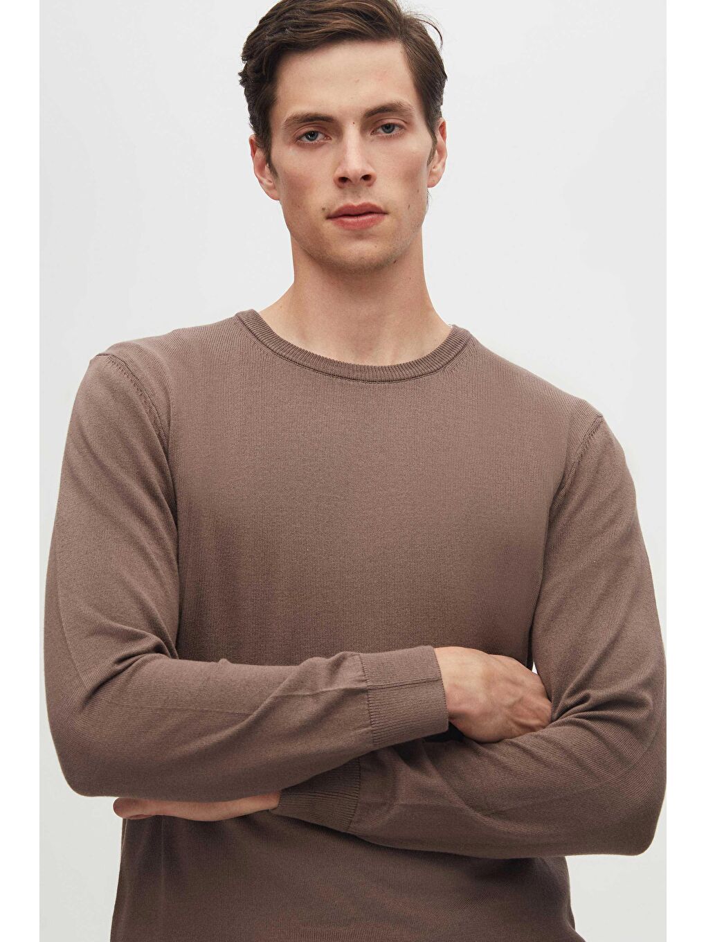 Bej Regular Fit Vizon Tüylenme Yapmayan Bisiklet Yaka Pamuklu Triko Kazak-1