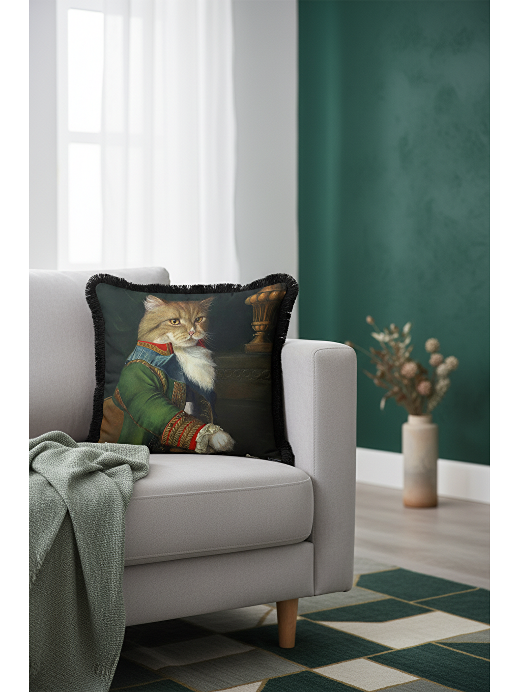 Karışık Saray Tarzı Kedi Portre Saçaklı Yastık Kılıfı - Avangart Klasik Yeşil Siyah Püsküllü Kırlent Kılıfı-3