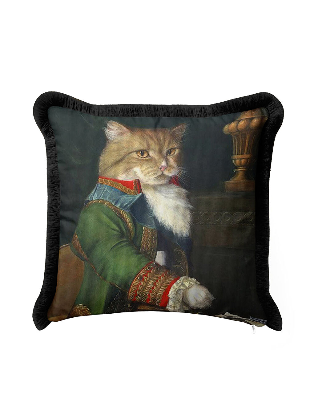 Karışık Saray Tarzı Kedi Portre Saçaklı Yastık Kılıfı - Avangart Klasik Yeşil Siyah Püsküllü Kırlent Kılıfı-4