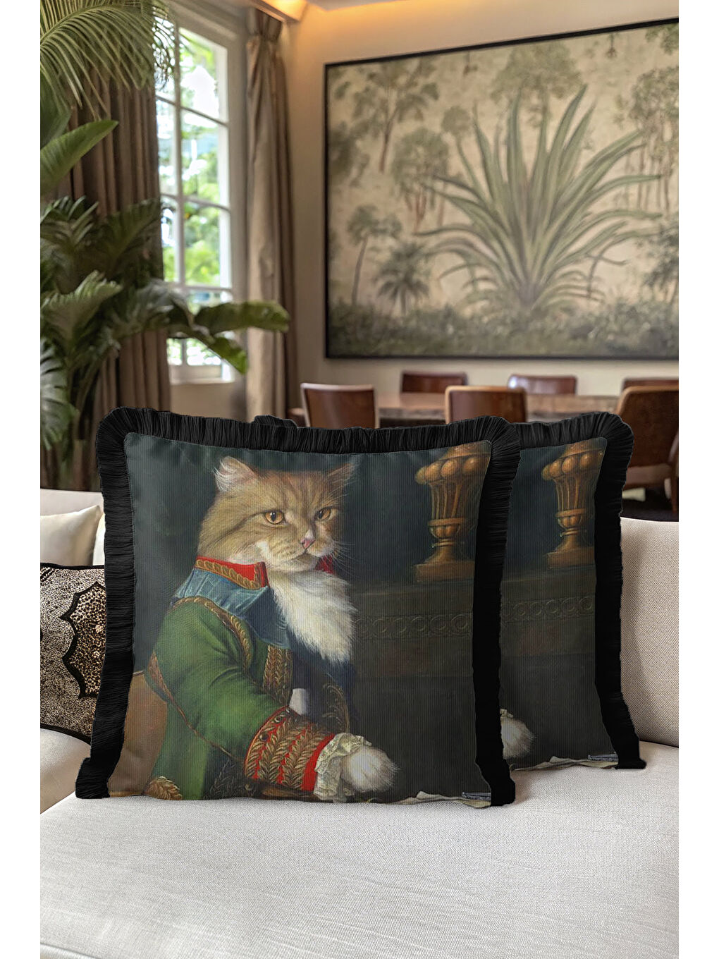 Karışık Saray Tarzı Kedi Portre Saçaklı Yastık Kılıfı - Avangart Klasik Yeşil Siyah Püsküllü Kırlent Kılıfı-5