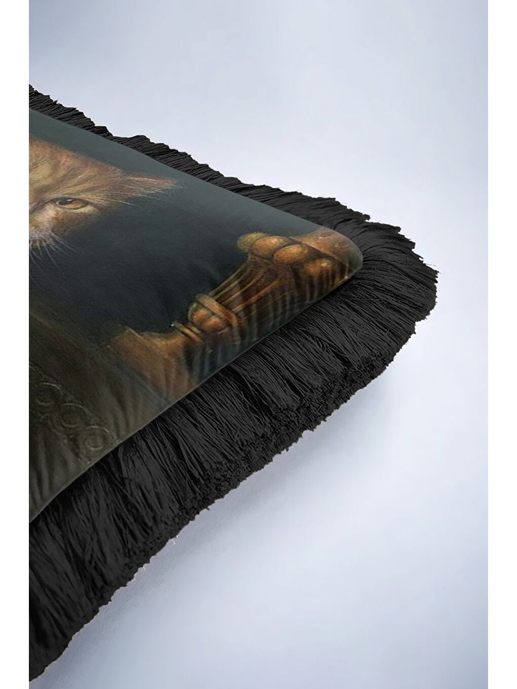 Karışık Saray Tarzı Kedi Portre Saçaklı Yastık Kılıfı - Avangart Klasik Yeşil Siyah Püsküllü Kırlent Kılıfı-6