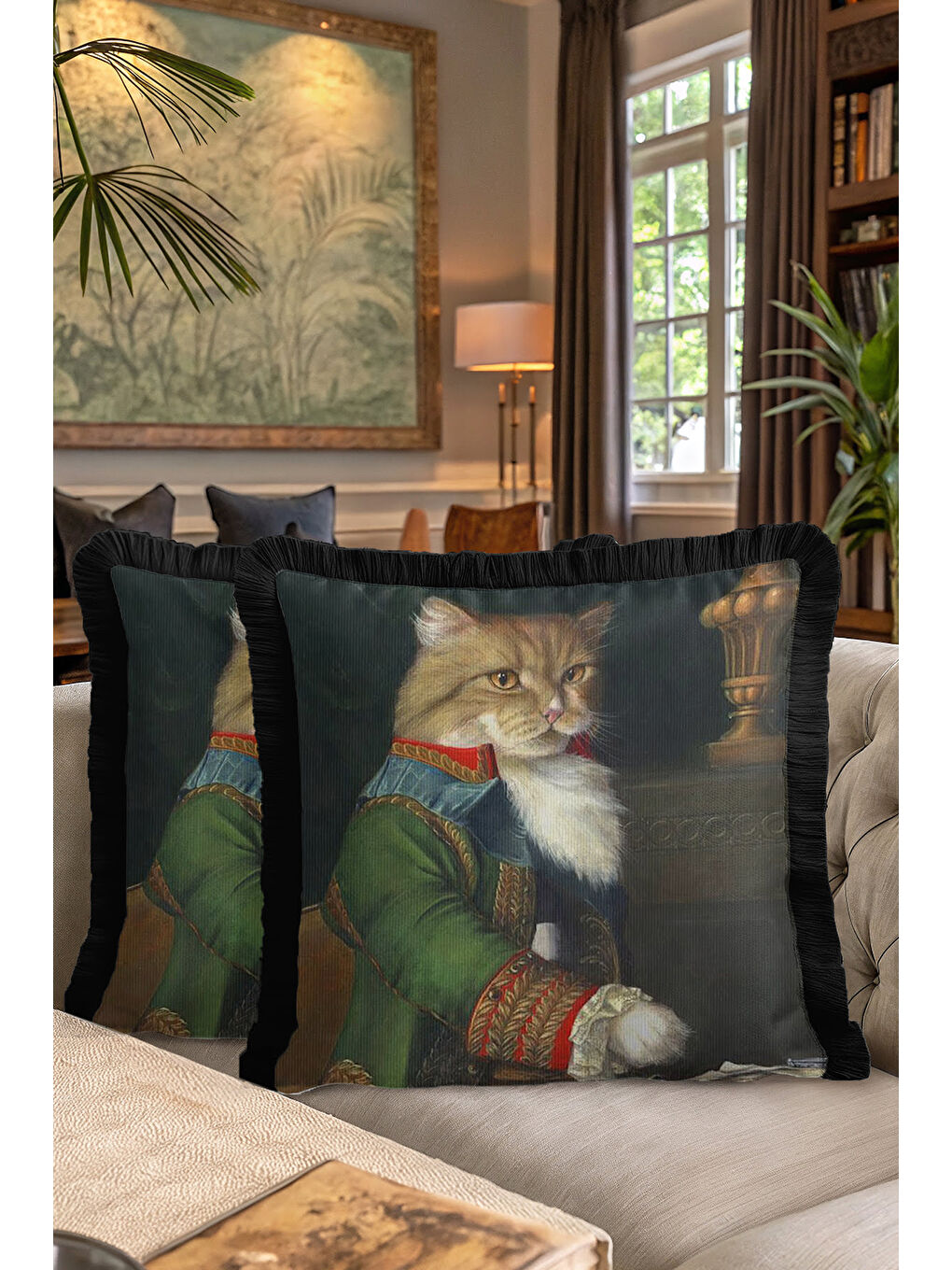 Karışık Saray Tarzı Kedi Portre Saçaklı Yastık Kılıfı - Avangart Klasik Yeşil Siyah Püsküllü Kırlent Kılıfı-7