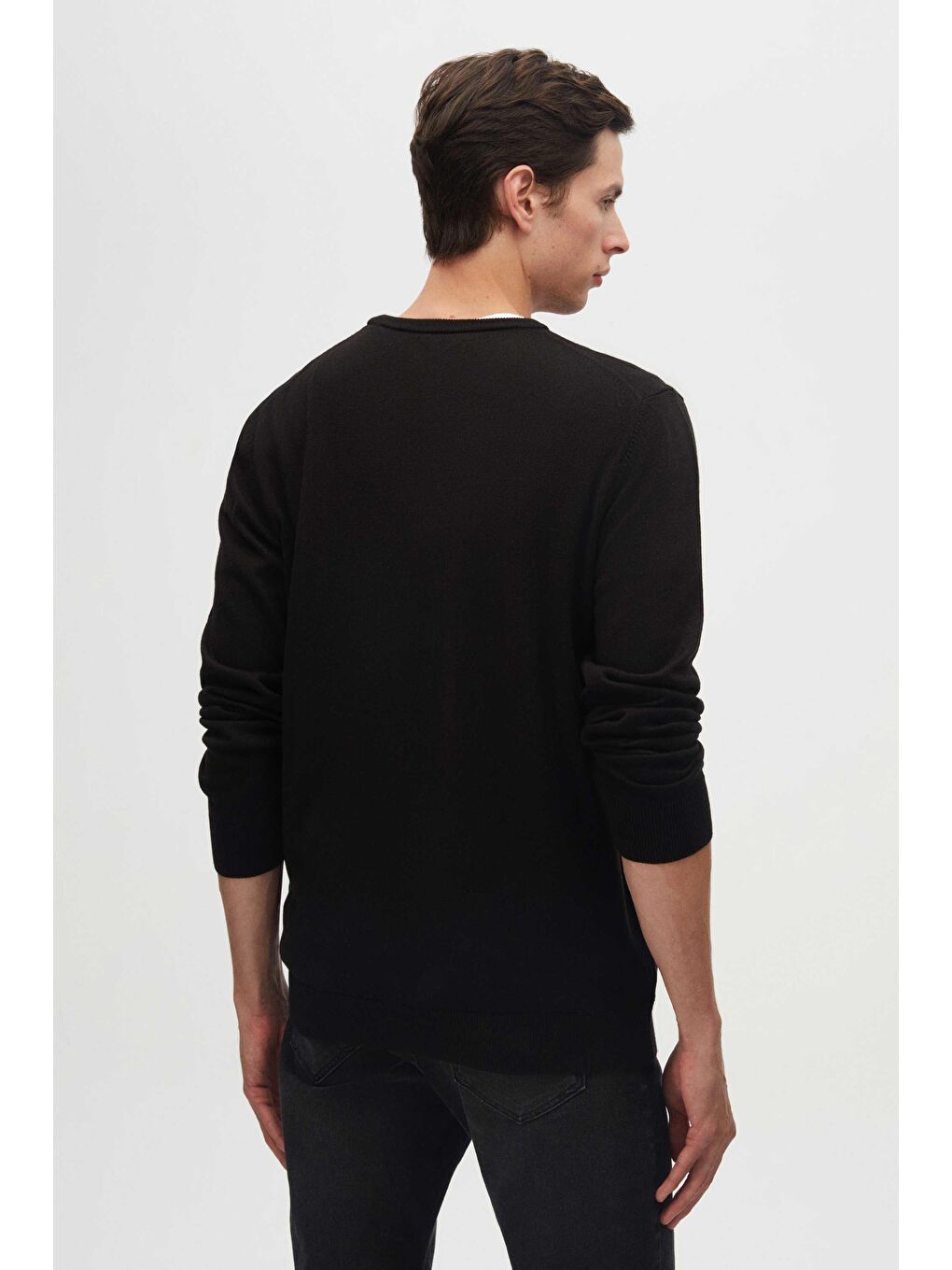 Regular Fit Siyah Tüylenme Yapmayan Bisiklet Yaka Pamuklu Triko Kazak-5