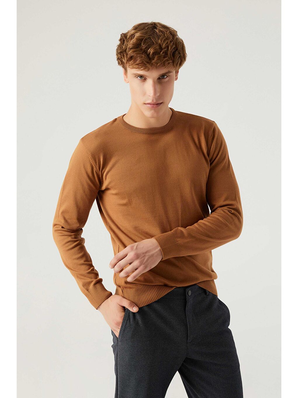 Kahverengi Regular Fit Camel Tüylenme Yapmayan Bisiklet Yaka Pamuklu Triko Kazak-1