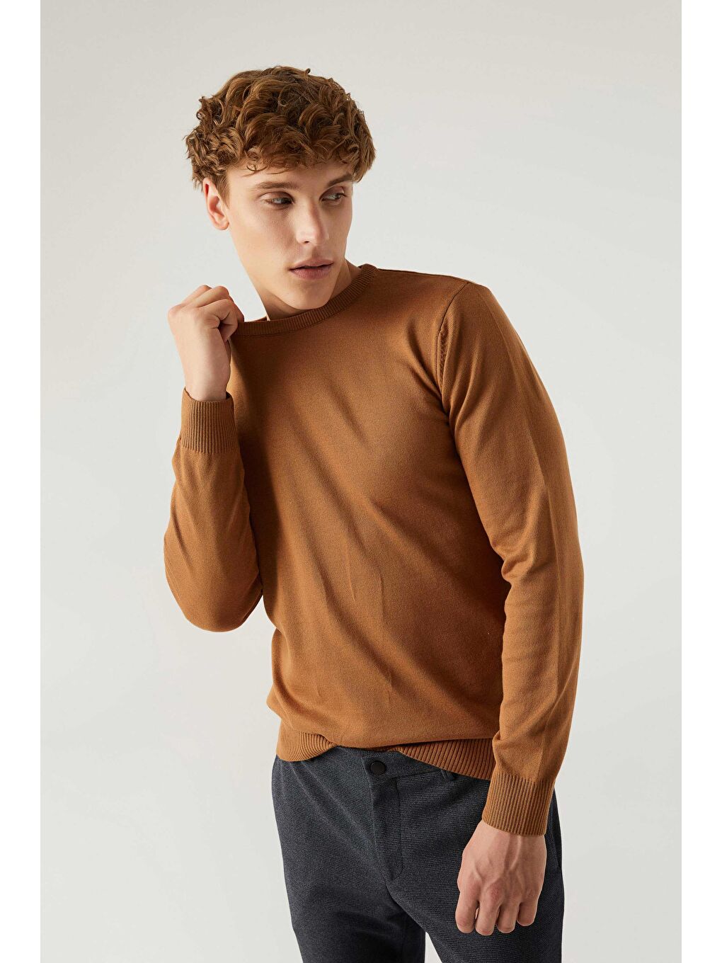 Kahverengi Regular Fit Camel Tüylenme Yapmayan Bisiklet Yaka Pamuklu Triko Kazak-2