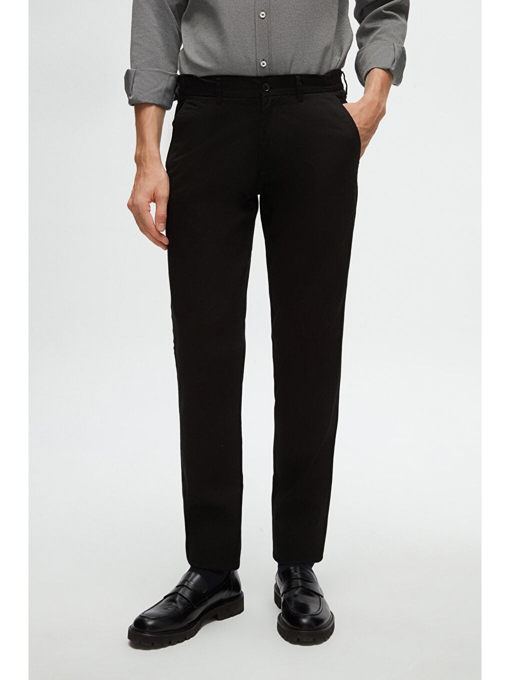Slim Fit Siyah Armürlü Yan Beli Lastikli Esnek Elastanlı Yandan Cepli Chino Pantolon