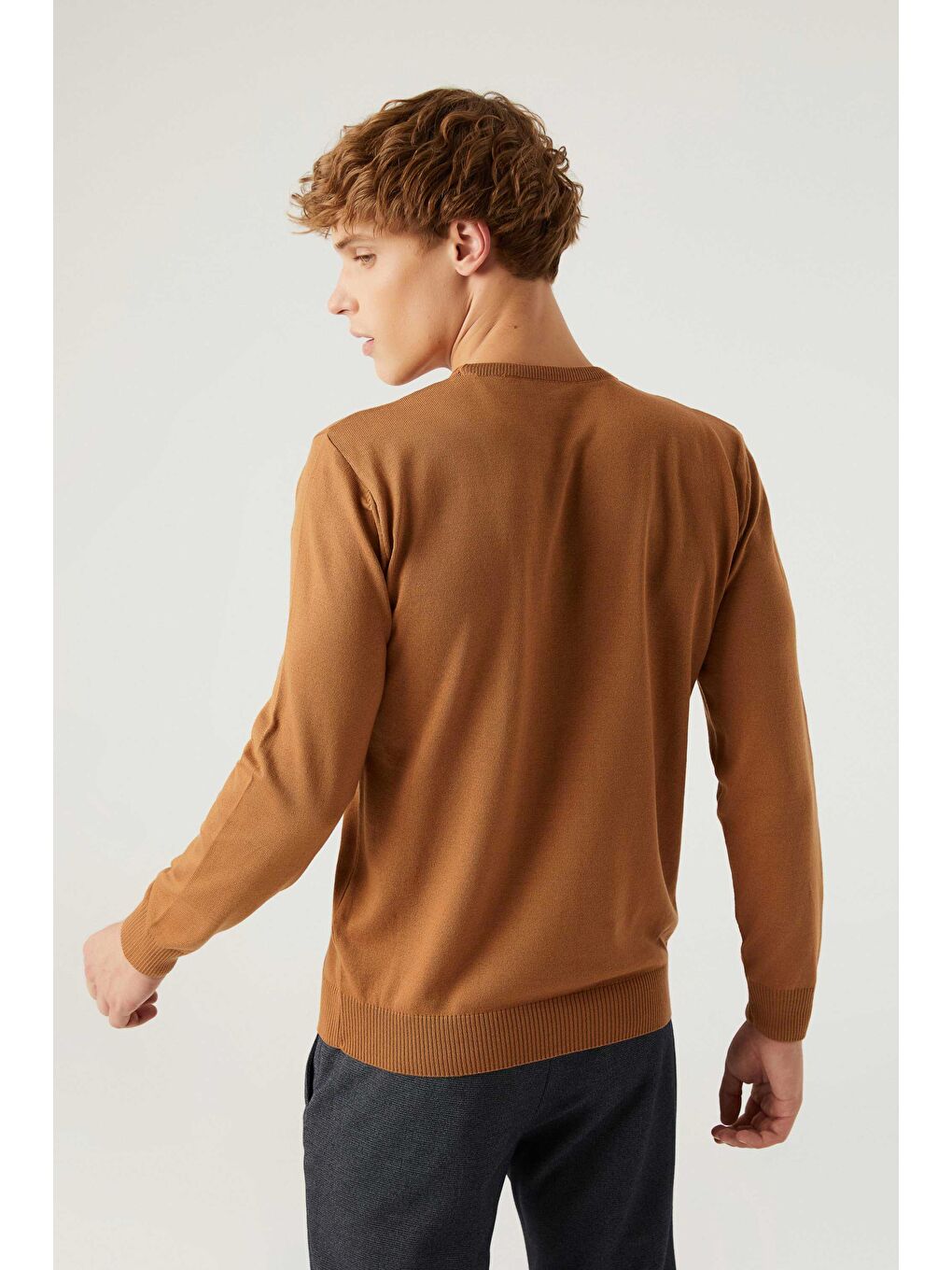 Kahverengi Regular Fit Camel Tüylenme Yapmayan Bisiklet Yaka Pamuklu Triko Kazak-3