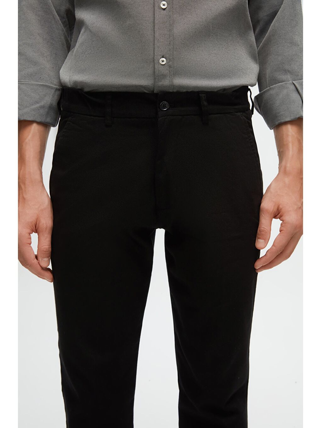 Slim Fit Siyah Armürlü Yan Beli Lastikli Esnek Elastanlı Yandan Cepli Chino Pantolon-1