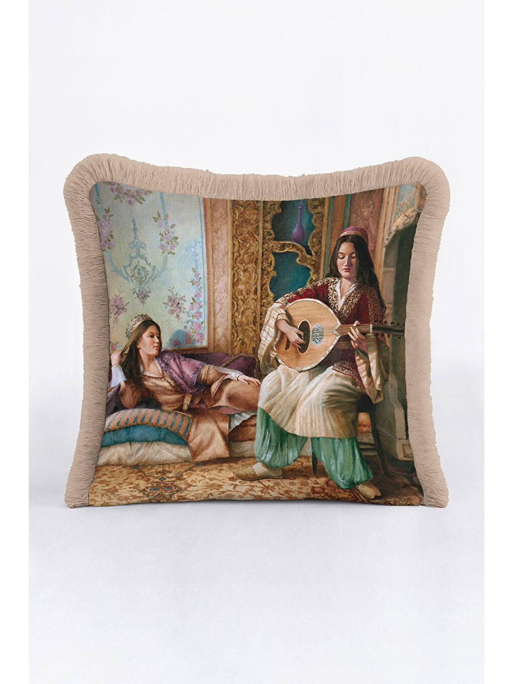 Karışık Oryantal Saray Esintili Saçaklı Yastık Kılıfı - Klasik Osmanlı Bohem Gold Püsküllü Kırlent Kılıfı-2