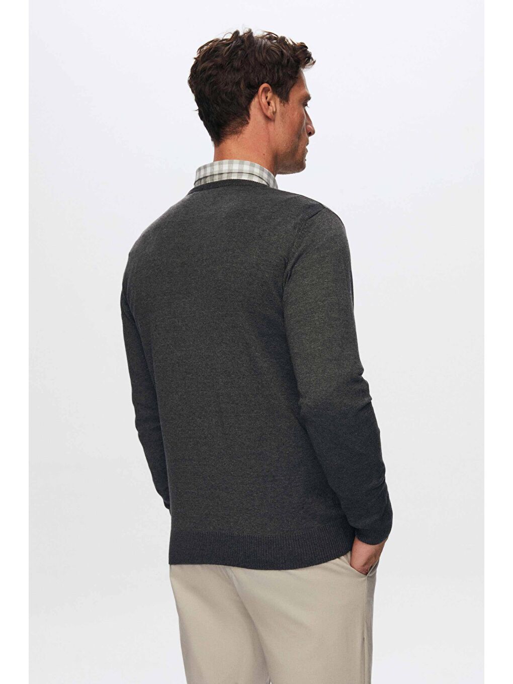 Regular Fit Antrasit Tüylenme Yapmayan Bisiklet Yaka Pamuklu Triko Kazak-2