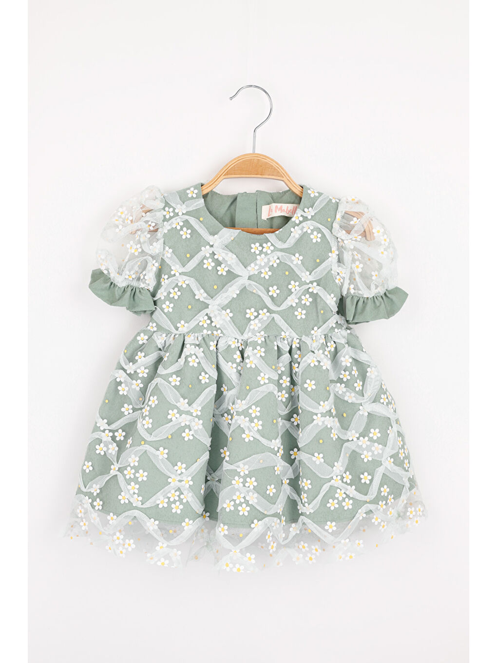 Yeşil Kısa Kollu Papatya Tüllü Kız Çocuk Elbise - Hillary-1