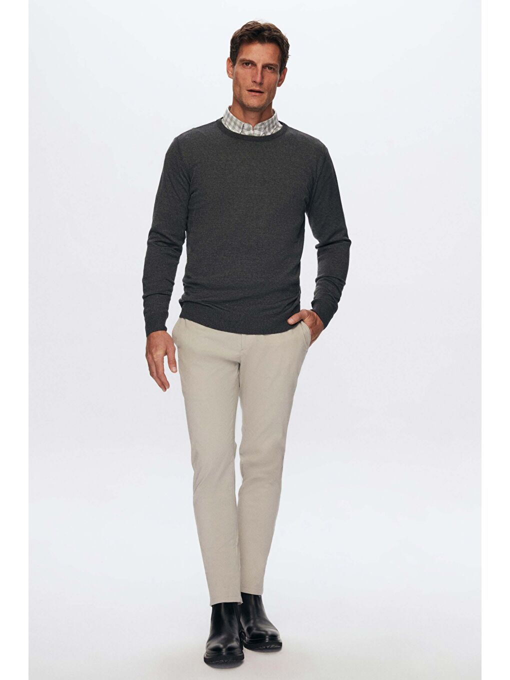 Regular Fit Antrasit Tüylenme Yapmayan Bisiklet Yaka Pamuklu Triko Kazak-3