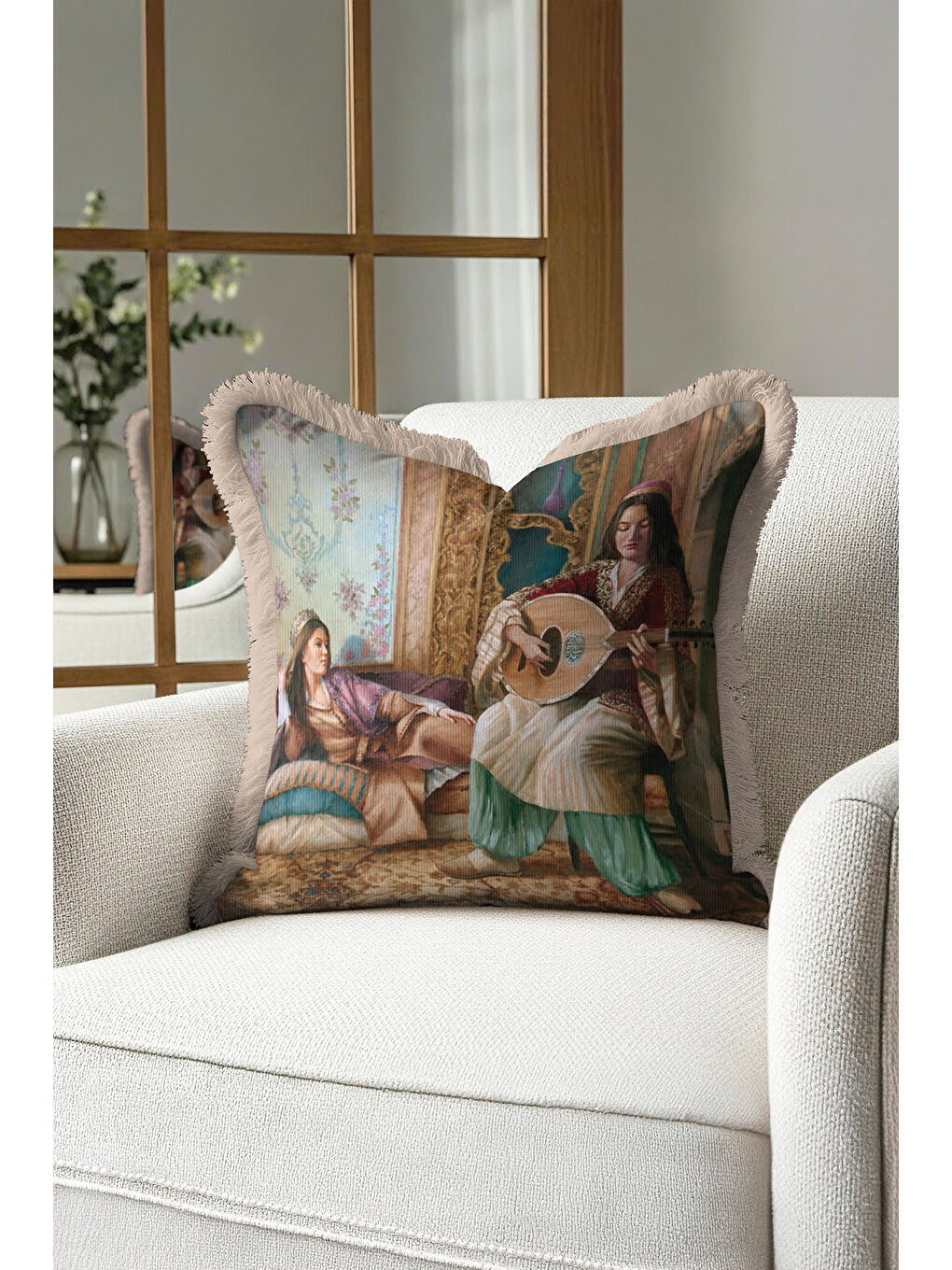 Karışık Oryantal Saray Esintili Saçaklı Yastık Kılıfı - Klasik Osmanlı Bohem Gold Püsküllü Kırlent Kılıfı-4