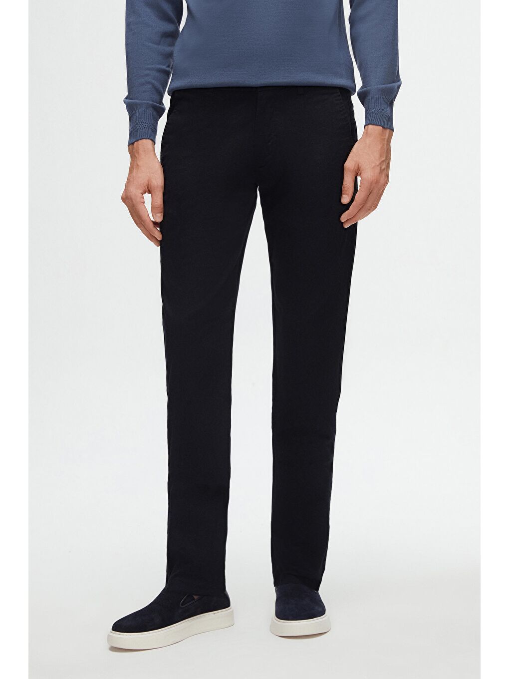 Slim Fit Lacivert Armürlü Yan Beli Lastikli Esnek Elastanlı Yandan Cepli Chino Pantolon