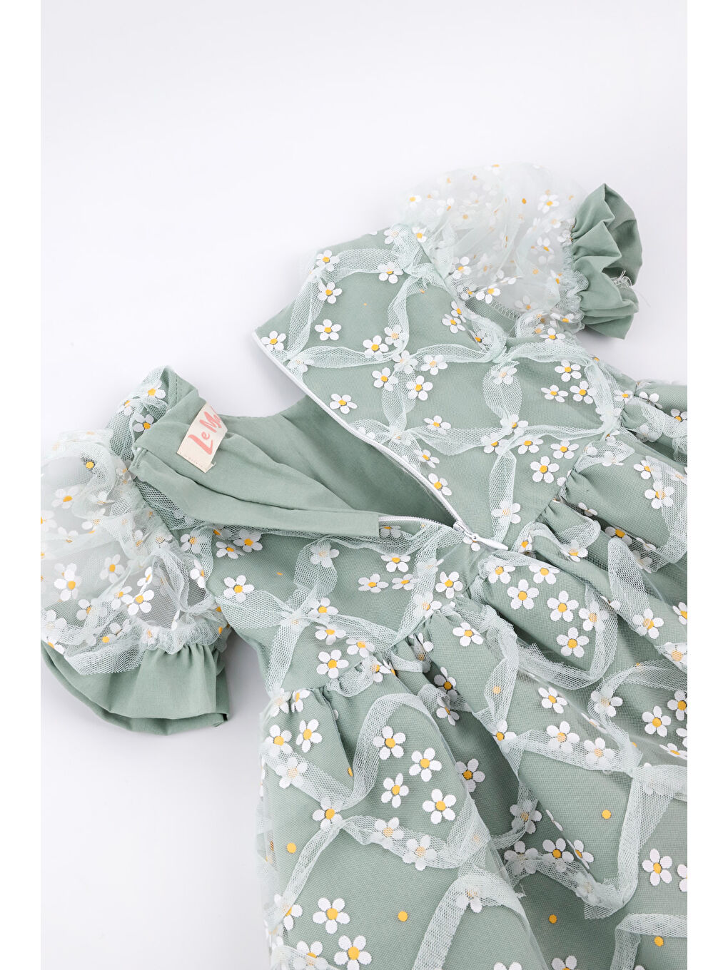 Yeşil Kısa Kollu Papatya Tüllü Kız Çocuk Elbise - Hillary-3