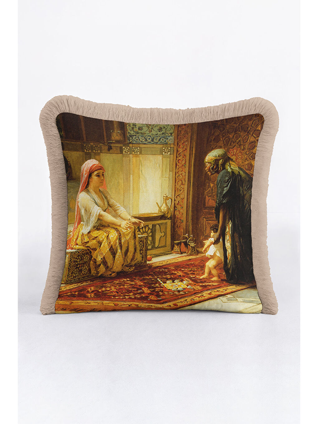 Karışık Oryantal Saray Sanatı Saçaklı Yastık Kılıfı - Klasik Osmanlı Kahverengi Püsküllü Kırlent Kılıfı-1