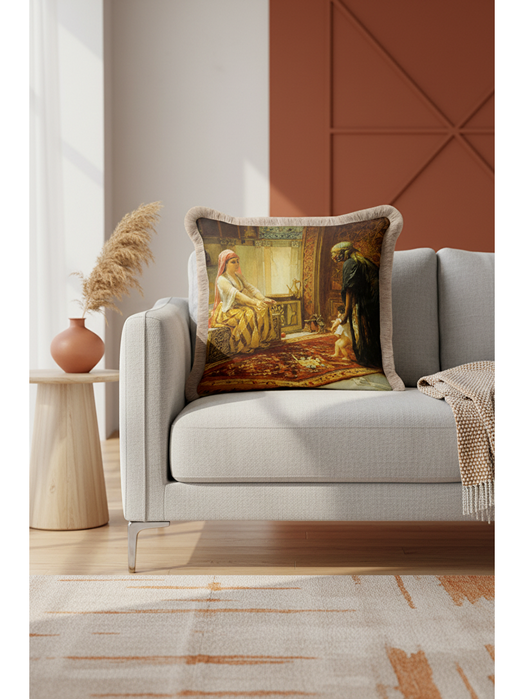 Karışık Oryantal Saray Sanatı Saçaklı Yastık Kılıfı - Klasik Osmanlı Kahverengi Püsküllü Kırlent Kılıfı-2