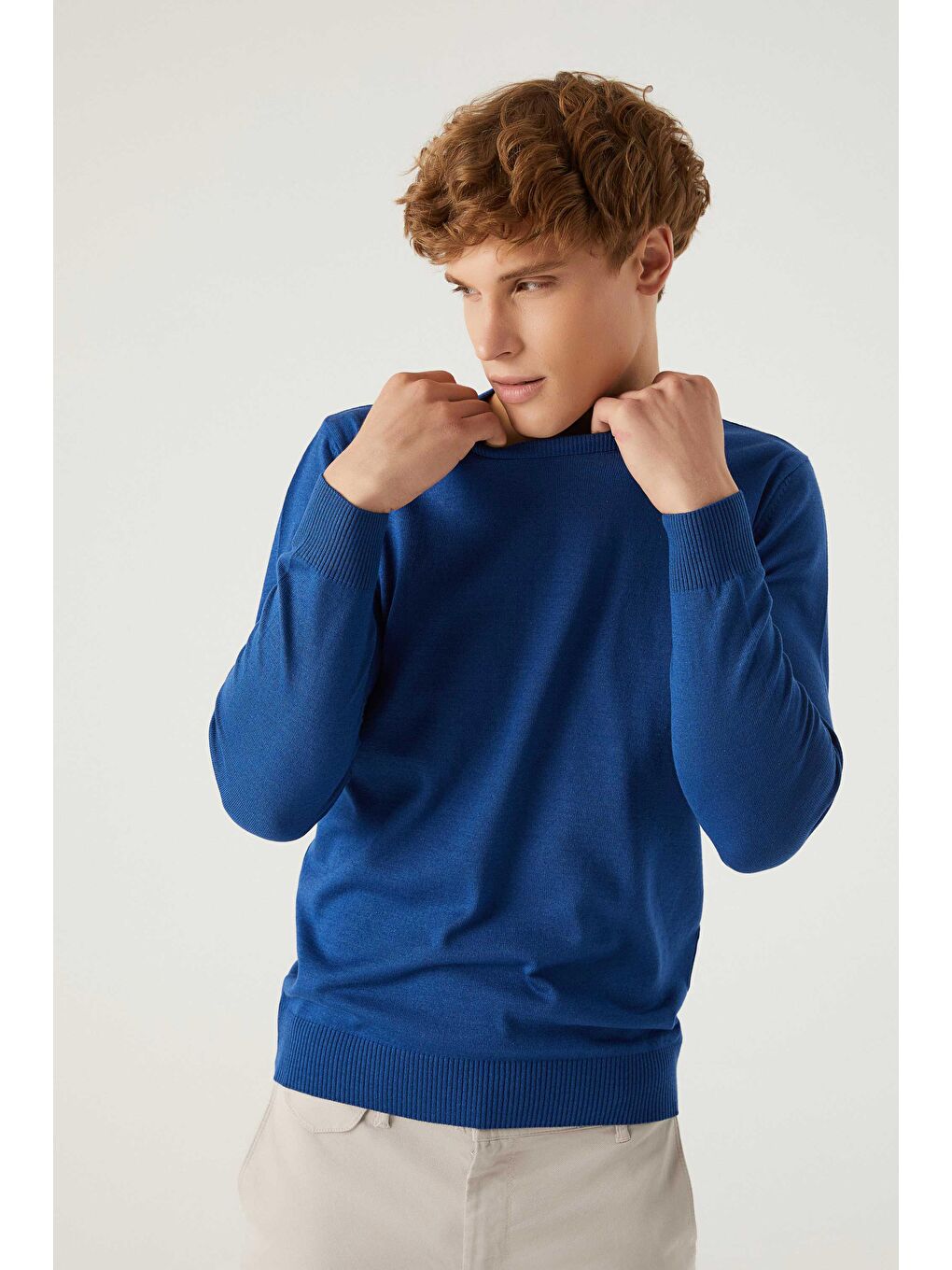 Regular Fit Mavi Tüylenme Yapmayan Bisiklet Yaka Pamuklu Triko Kazak-1