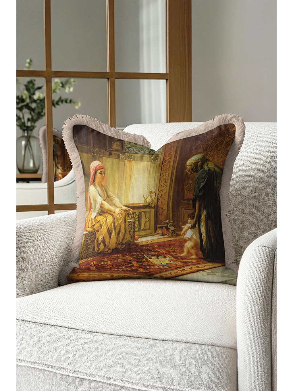 Karışık Oryantal Saray Sanatı Saçaklı Yastık Kılıfı - Klasik Osmanlı Kahverengi Püsküllü Kırlent Kılıfı-3