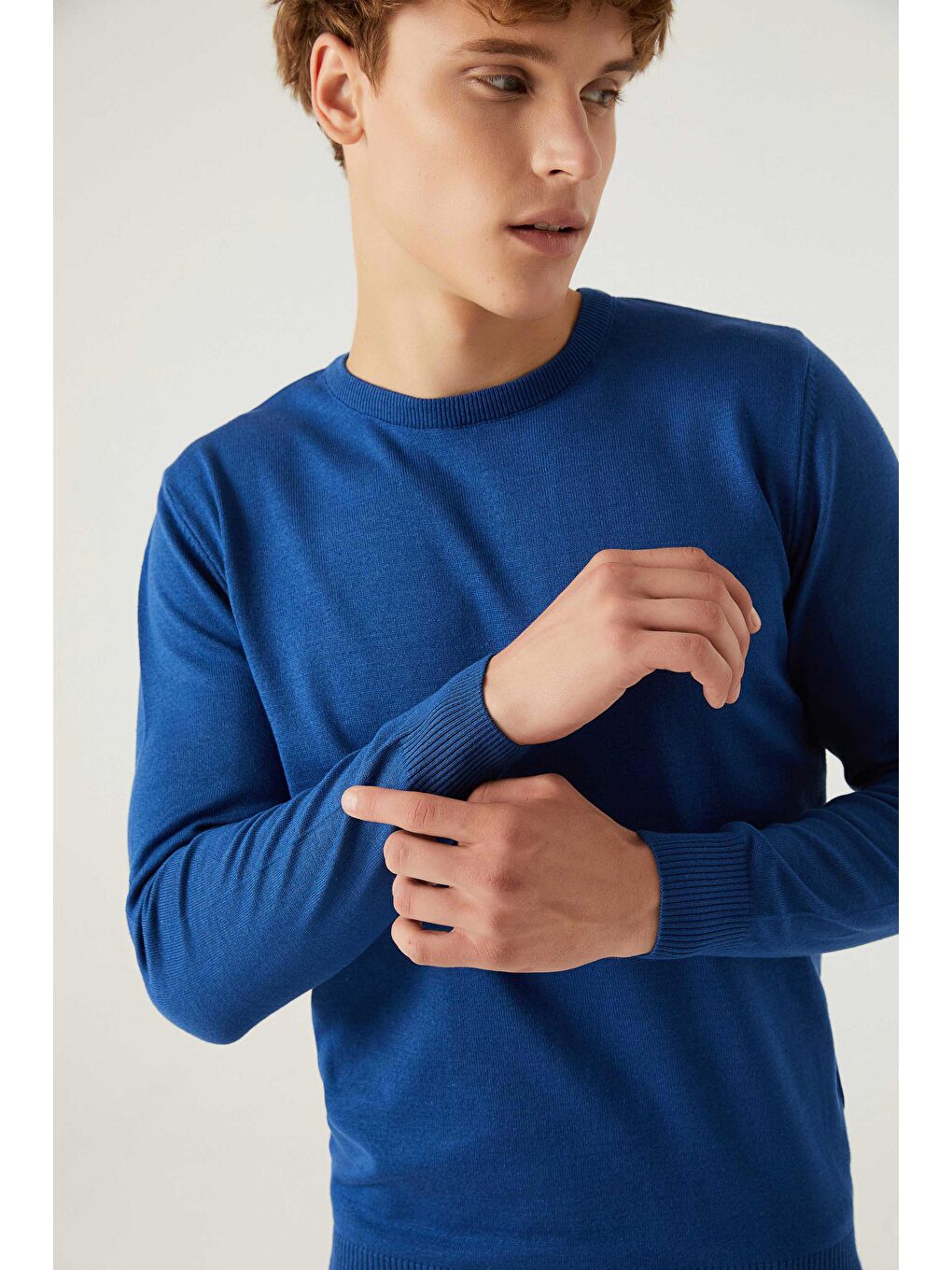 Regular Fit Mavi Tüylenme Yapmayan Bisiklet Yaka Pamuklu Triko Kazak-2