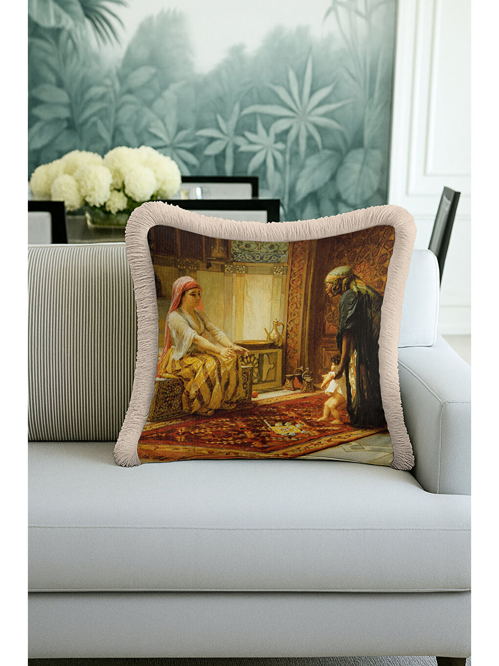 Karışık Oryantal Saray Sanatı Saçaklı Yastık Kılıfı - Klasik Osmanlı Kahverengi Püsküllü Kırlent Kılıfı-4