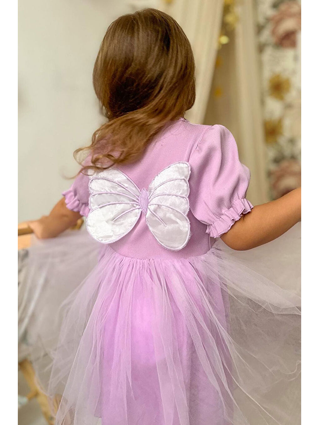 Lila Karpuz Kollu Kelebek Kanatlı Kız Çocuk Elbise - Angel-1