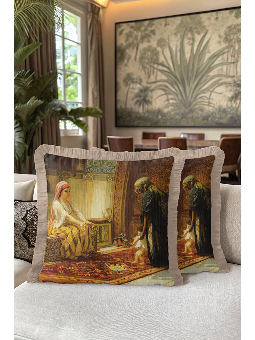 Karışık Oryantal Saray Sanatı Saçaklı Yastık Kılıfı - Klasik Osmanlı Kahverengi Püsküllü Kırlent Kılıfı-5