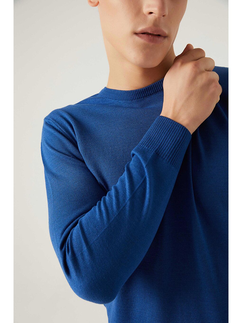 Regular Fit Mavi Tüylenme Yapmayan Bisiklet Yaka Pamuklu Triko Kazak-3