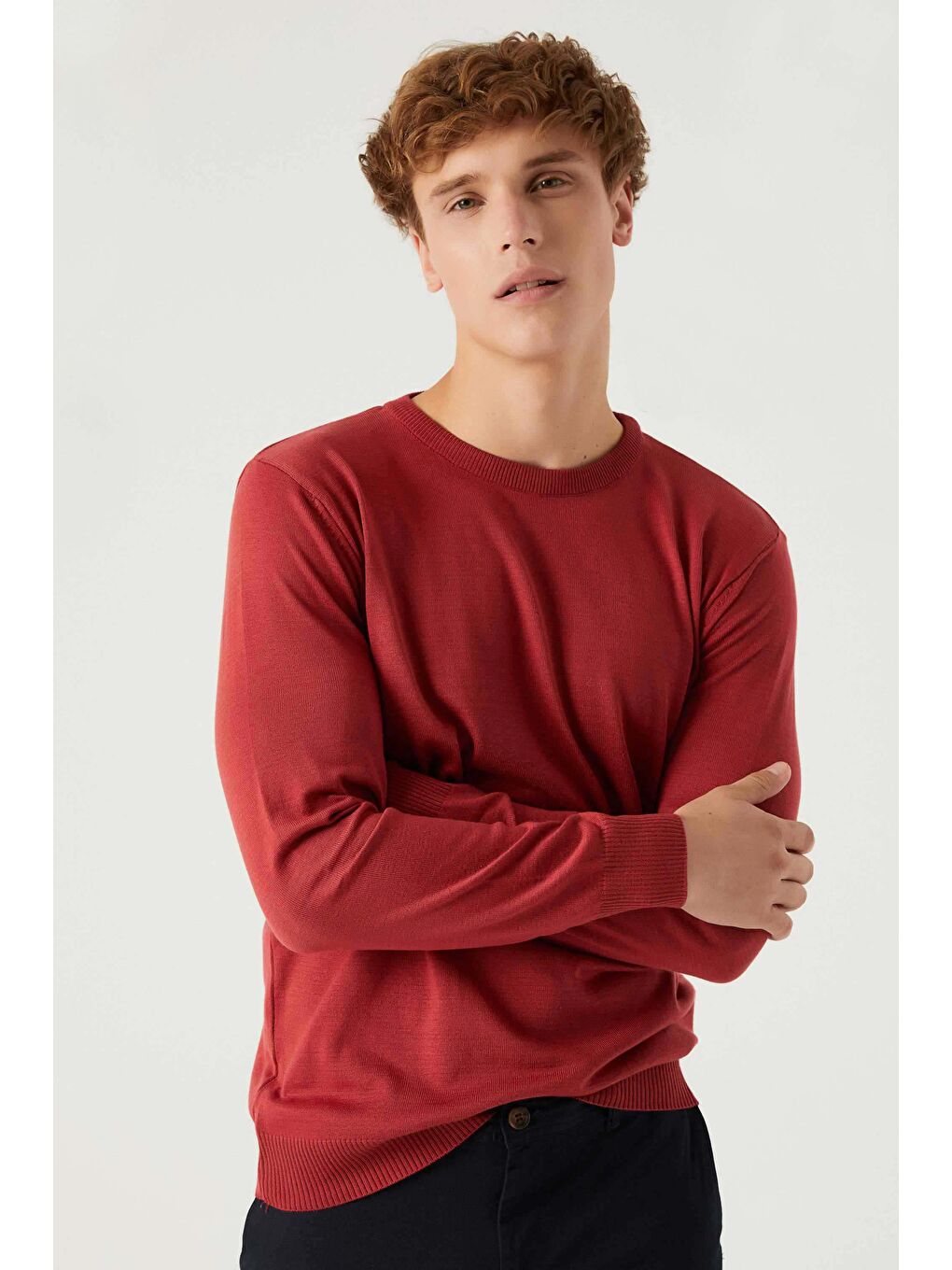 Kırmızı Regular Fit Nar Çiçeği Tüylenme Yapmayan Bisiklet Yaka Pamuklu Triko Kazak